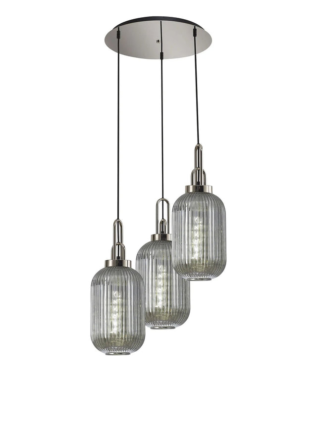 Allardyce Round 3 Light Pendant With 20cm Tubular Ribbed Glass, Polished Nickel/Matt Black Smoked