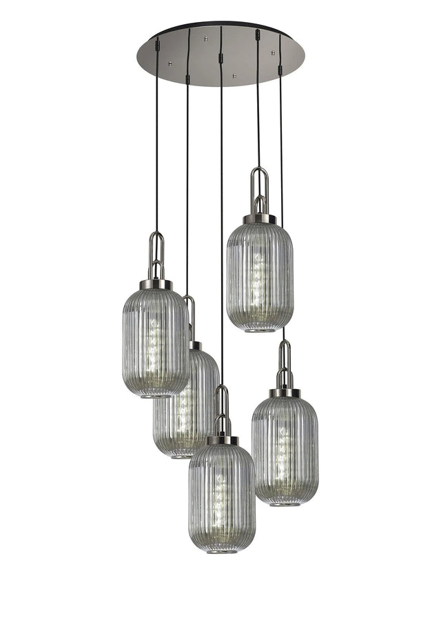 Allardyce Round 5 Light Pendant With 20cm Tubular Ribbed Glass, Polished Nickel/Matt Black Smoked