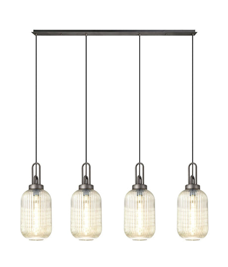 Allardyce Linear 4 Light Pendant With 20cm Tubular Ribbed Glass, Aged Pewter/Matt Black Champagne