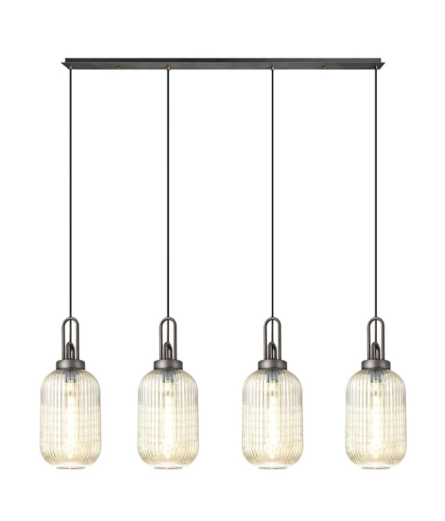 Allardyce Linear 4 Light Pendant With 20cm Tubular Ribbed Glass, Aged Pewter/Matt Black Champagne
