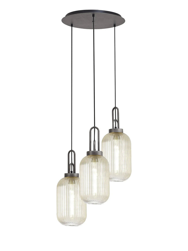 Allardyce Round 3 Light Pendant With 20cm Tubular Ribbed Glass, Aged Pewter/Matt Black Champagne