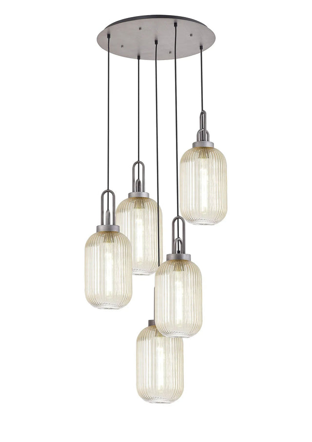 Allardyce Round 5 Light Pendant With 20cm Tubular Ribbed Glass, Aged Pewter/Matt Black Champagne