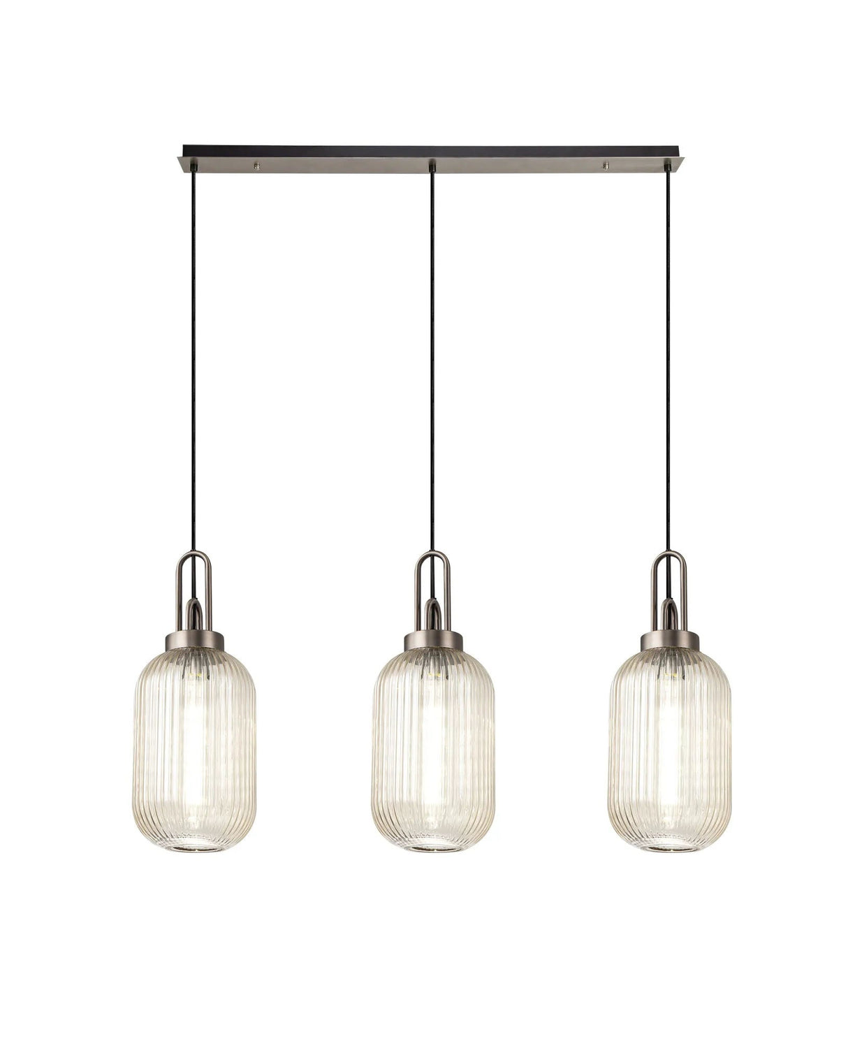 Allardyce Linear 3 Light Pendant With 20cm Tubular Ribbed Glass, Antique Silver/Matt Black Champagne