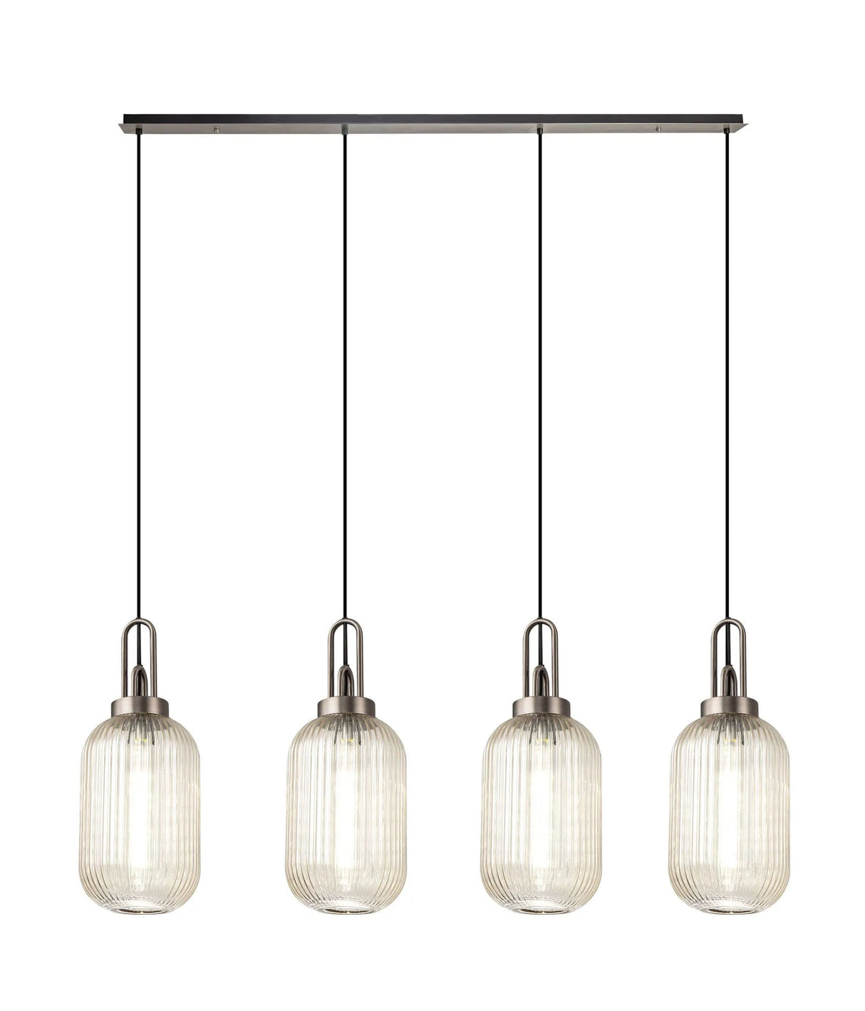 Allardyce Linear 4 Light Pendant With 20cm Tubular Ribbed Glass, Antique Silver/Matt Black Champagne