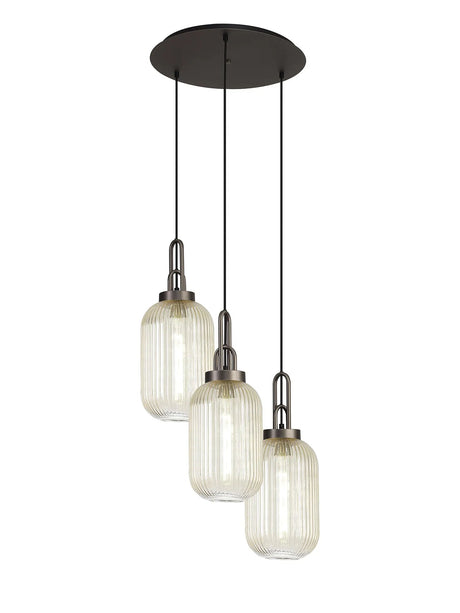 Allardyce Round 3 Light Pendant With 20cm Tubular Ribbed Glass, Antique Silver/Matt Black Champagne