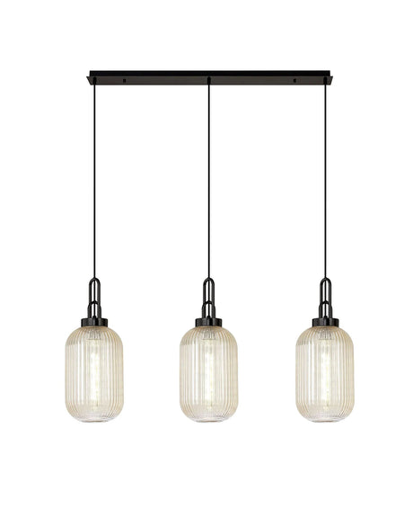 Allardyce Linear 3 Light Pendant With 20cm Tubular Ribbed Glass, Black Chrome/Matt Black Champagne