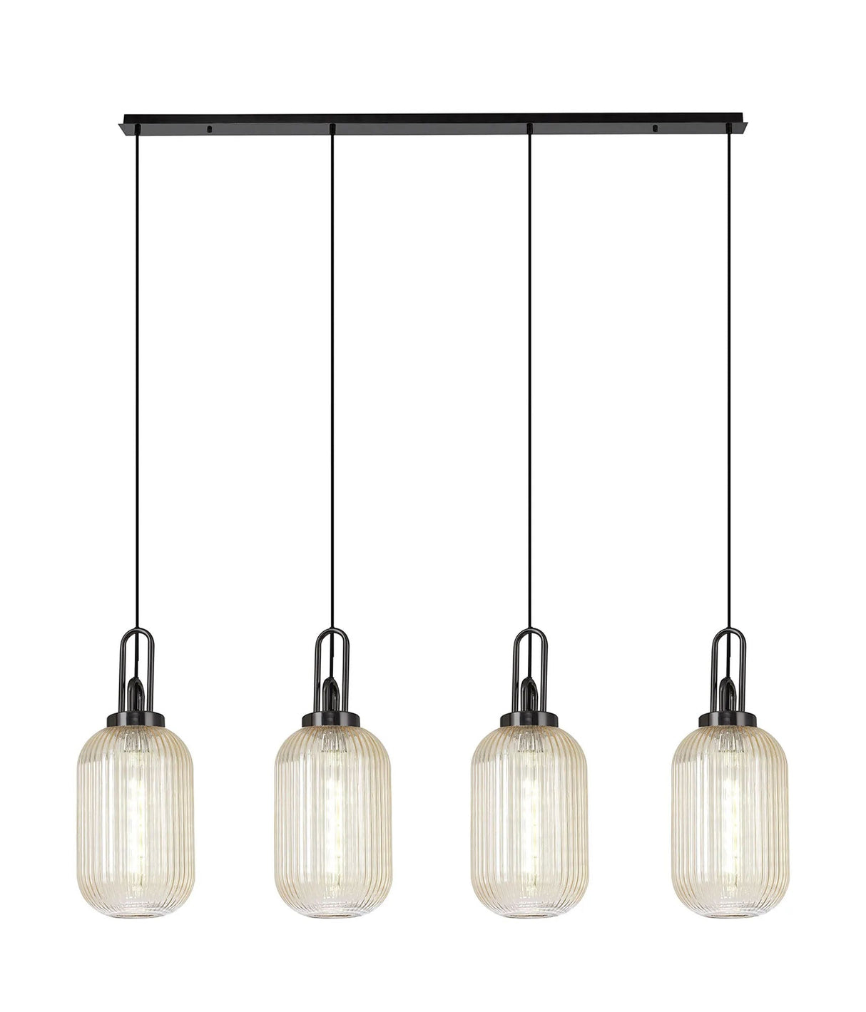 Allardyce Linear 4 Light Pendant With 20cm Tubular Ribbed Glass, Black Chrome/Matt Black Champagne
