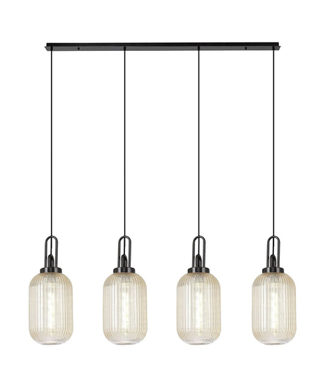 Allardyce Linear 4 Light Pendant With 20cm Tubular Ribbed Glass, Black Chrome/Matt Black Champagne