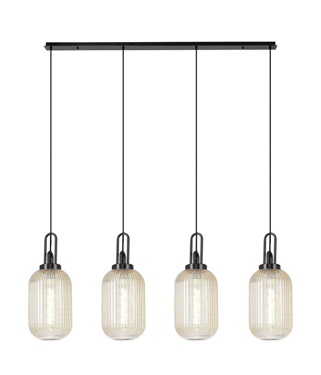 Allardyce Linear 4 Light Pendant With 20cm Tubular Ribbed Glass, Black Chrome/Matt Black Champagne