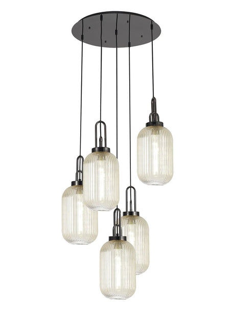 Allardyce Round 5 Light Pendant With 20cm Tubular Ribbed Glass, Black Chrome/Matt Black Champagne