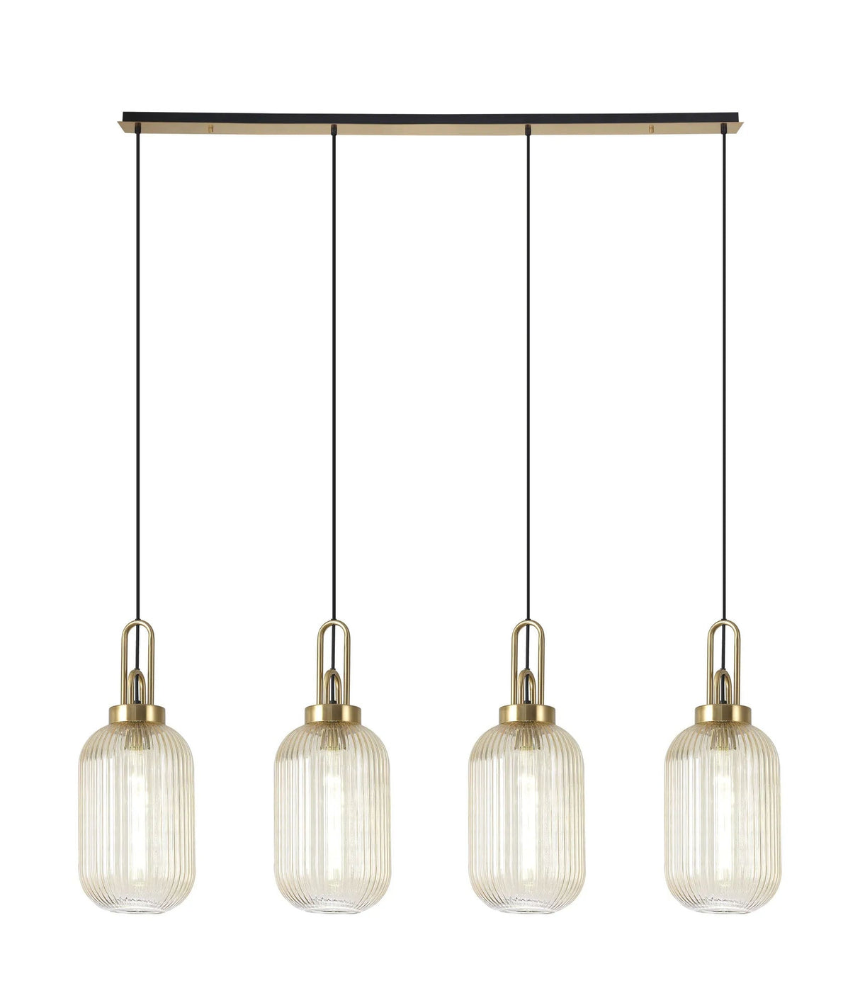Allardyce Linear 4 Light Pendant With 20cm Tubular Ribbed Glass, Brass Gold/Matt Black Champagne