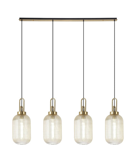 Allardyce Linear 4 Light Pendant With 20cm Tubular Ribbed Glass, Brass Gold/Matt Black Champagne