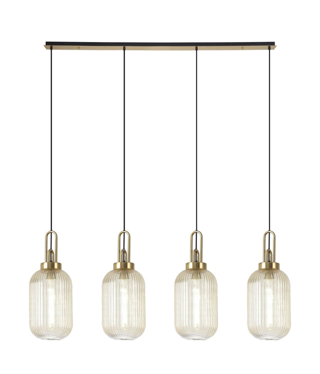 Allardyce Linear 4 Light Pendant With 20cm Tubular Ribbed Glass, Brass Gold/Matt Black Champagne