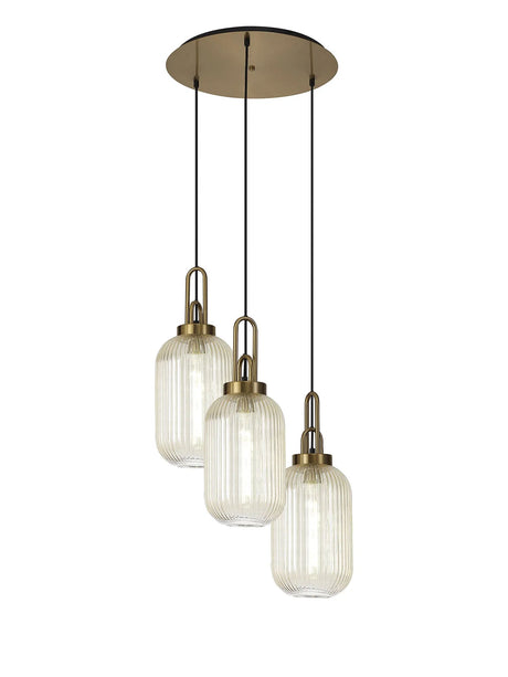 Allardyce Round 3 Light Pendant With 20cm Tubular Ribbed Glass, Brass Gold/Matt Black Champagne