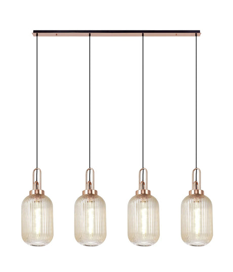 Allardyce Linear 4 Light Pendant With 20cm Tubular Ribbed Glass, Copper/Matt Black Champagne