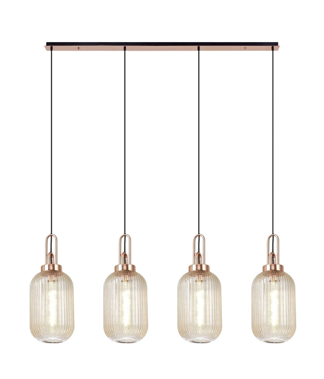 Allardyce Linear 4 Light Pendant With 20cm Tubular Ribbed Glass, Copper/Matt Black Champagne