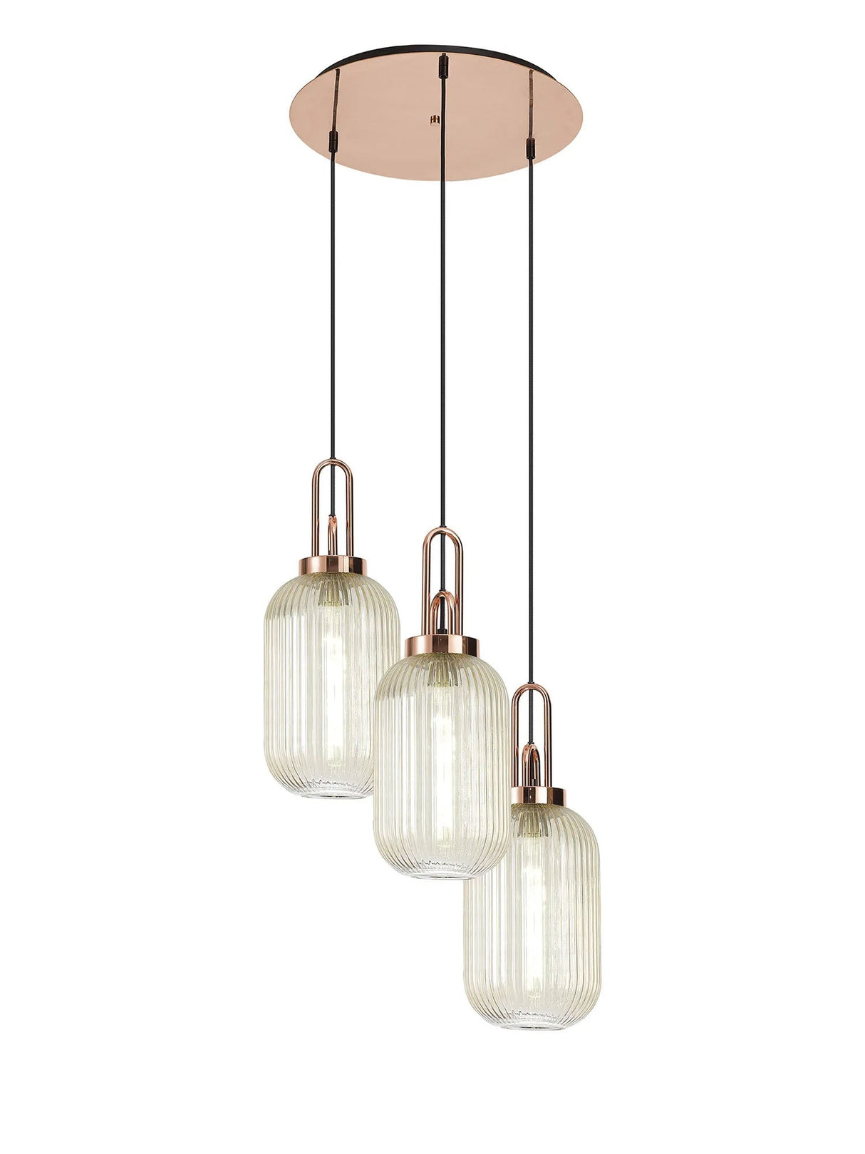 Allardyce Round 3 Light Pendant With 20cm Tubular Ribbed Glass, Copper/Matt Black Champagne