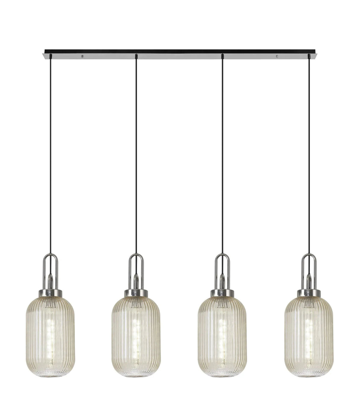 Allardyce Linear 4 Light Pendant With 20cm Tubular Ribbed Glass, Polished Nickel/Matt Black Champagne