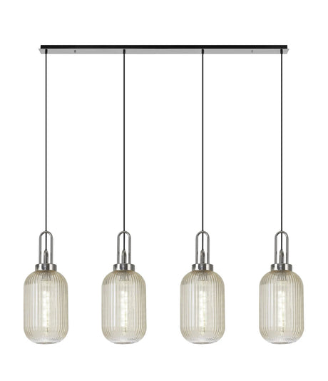 Allardyce Linear 4 Light Pendant With 20cm Tubular Ribbed Glass, Polished Nickel/Matt Black Champagne