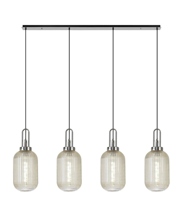 Allardyce Linear 4 Light Pendant With 20cm Tubular Ribbed Glass, Polished Nickel/Matt Black Champagne