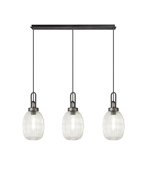 Allardyce Linear 3 Light Pendant With 20cm Almond Ribbed Glass, Aged Pewter/Matt Black Clear