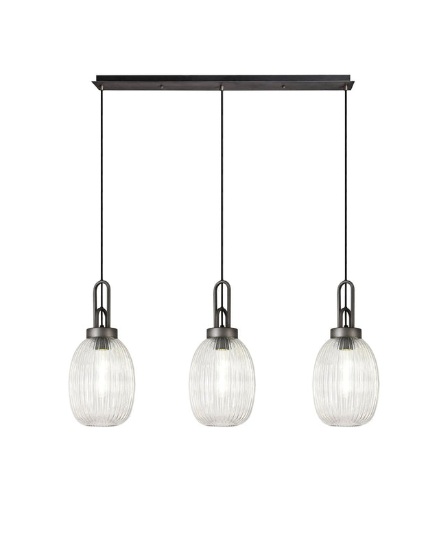 Allardyce Linear 3 Light Pendant With 20cm Almond Ribbed Glass, Aged Pewter/Matt Black Clear