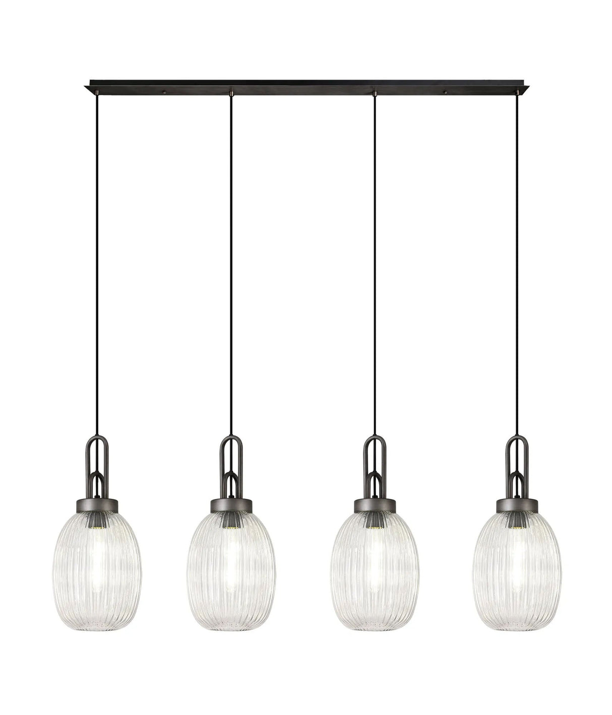Allardyce Linear 4 Light Pendant With 20cm Almond Ribbed Glass, Aged Pewter/Matt Black Clear