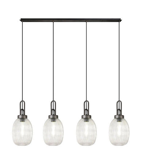 Allardyce Linear 4 Light Pendant With 20cm Almond Ribbed Glass, Aged Pewter/Matt Black Clear