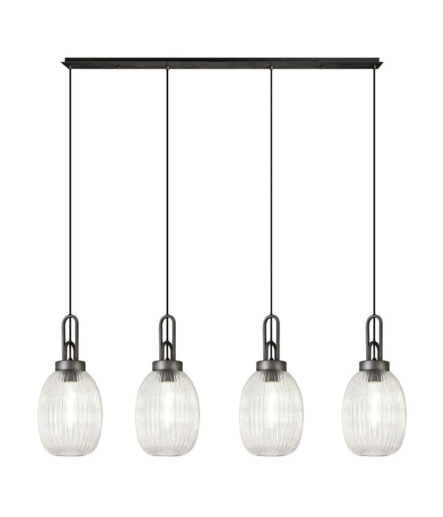 Allardyce Linear 4 Light Pendant With 20cm Almond Ribbed Glass, Aged Pewter/Matt Black Clear