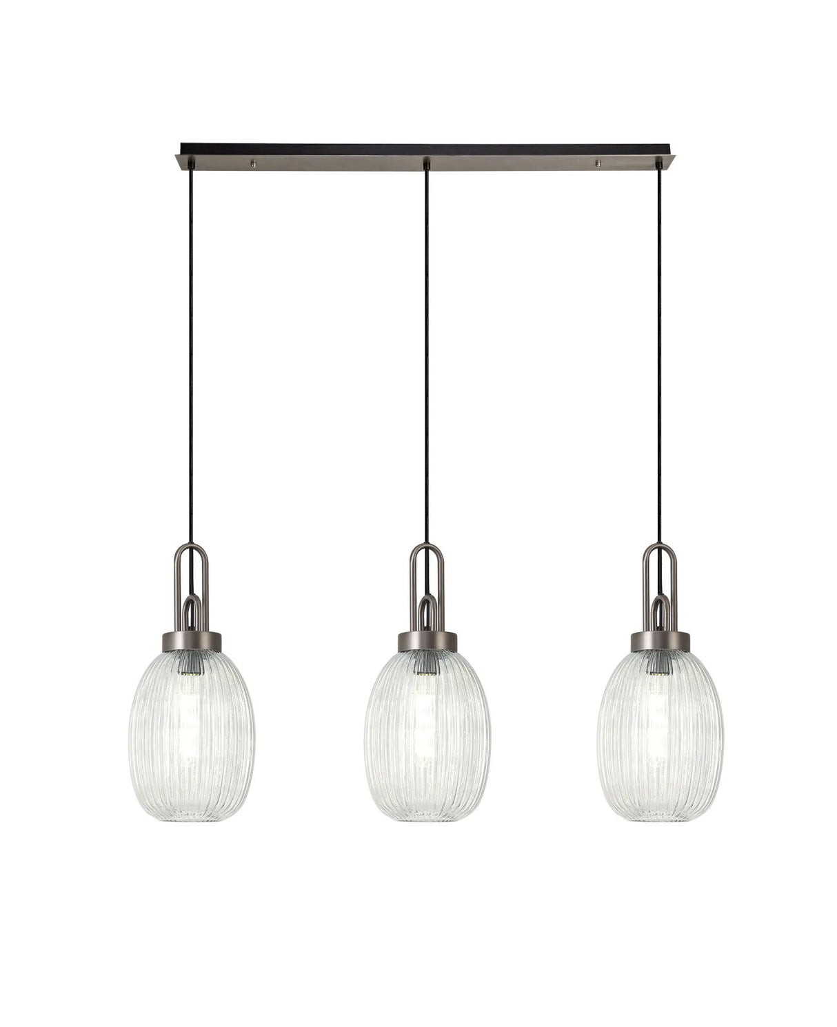 Allardyce Linear 3 Light Pendant With 20cm Almond Ribbed Glass, Antique Silver/Matt Black Clear