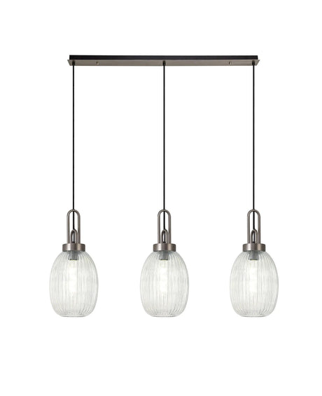 Allardyce Linear 3 Light Pendant With 20cm Almond Ribbed Glass, Antique Silver/Matt Black Clear