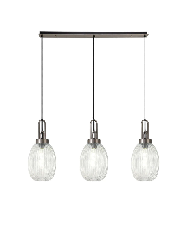 Allardyce Linear 3 Light Pendant With 20cm Almond Ribbed Glass, Antique Silver/Matt Black Clear