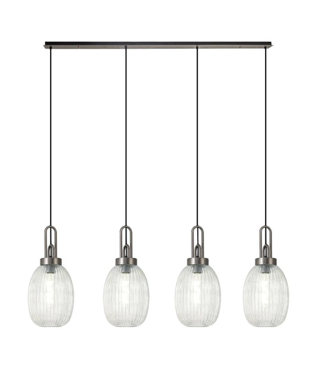 Allardyce Linear 4 Light Pendant With 20cm Almond Ribbed Glass, Antique Silver/Matt Black Clear