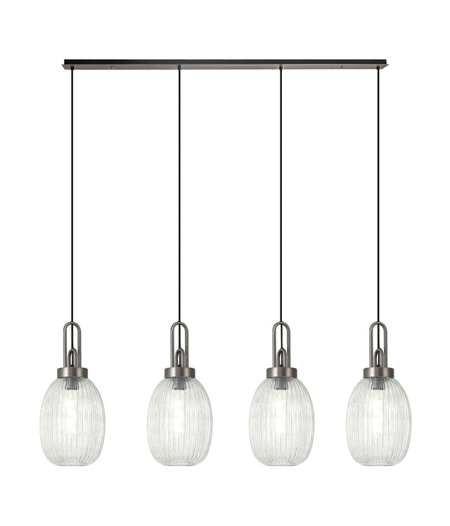 Allardyce Linear 4 Light Pendant With 20cm Almond Ribbed Glass, Antique Silver/Matt Black Clear