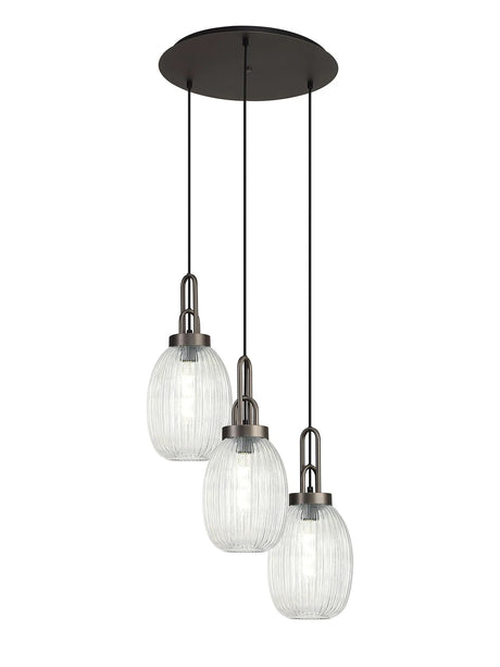 Allardyce Round 3 Light Pendant With 20cm Almond Ribbed Glass, Antique Silver/Matt Black Clear
