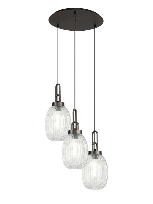 Allardyce Round 3 Light Pendant With 20cm Almond Ribbed Glass, Antique Silver/Matt Black Clear