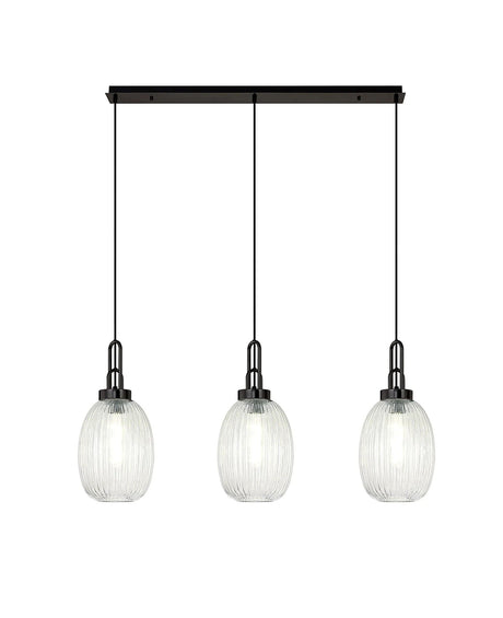 Allardyce Linear 3 Light Pendant With 20cm Almond Ribbed Glass, Black Chrome/Matt Black Clear