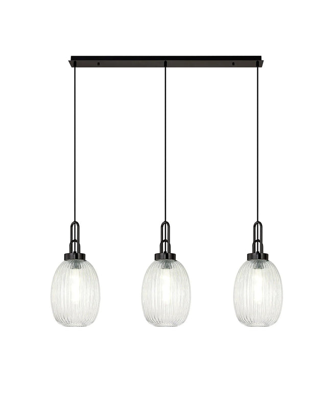 Allardyce Linear 3 Light Pendant With 20cm Almond Ribbed Glass, Black Chrome/Matt Black Clear