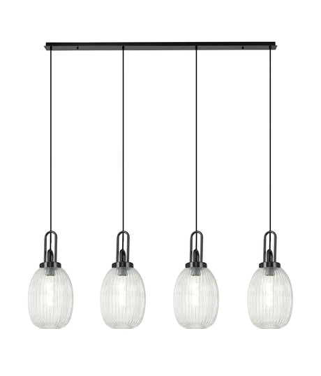Allardyce Linear 4 Light Pendant With 20cm Almond Ribbed Glass, Black Chrome/Matt Black Clear