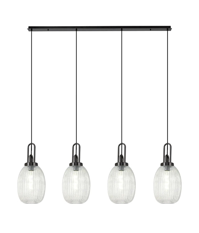 Allardyce Linear 4 Light Pendant With 20cm Almond Ribbed Glass, Black Chrome/Matt Black Clear
