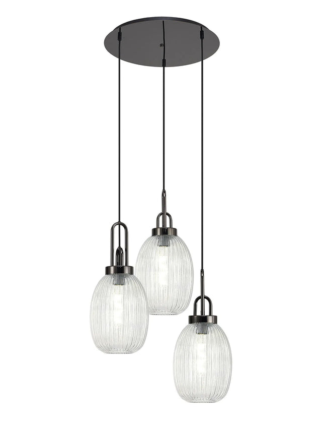 Allardyce Round 3 Light Pendant With 20cm Almond Ribbed Glass, Black Chrome/Matt Black Clear