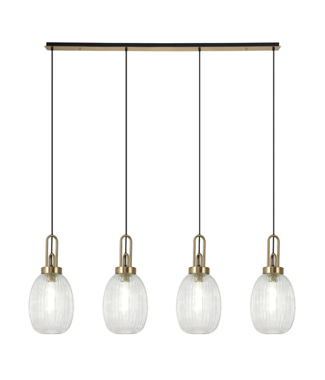 Allardyce Linear 4 Light Pendant With 20cm Almond Ribbed Glass, Brass Gold/Matt Black Clear