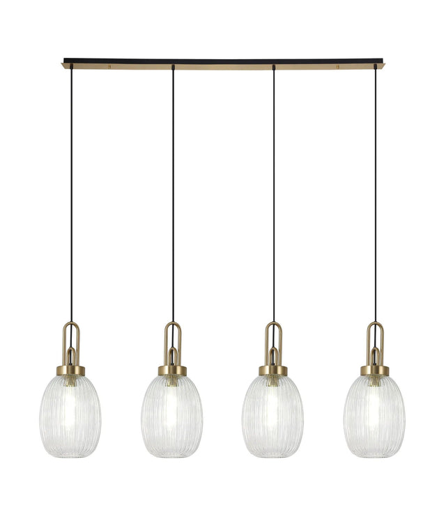 Allardyce Linear 4 Light Pendant With 20cm Almond Ribbed Glass, Brass Gold/Matt Black Clear