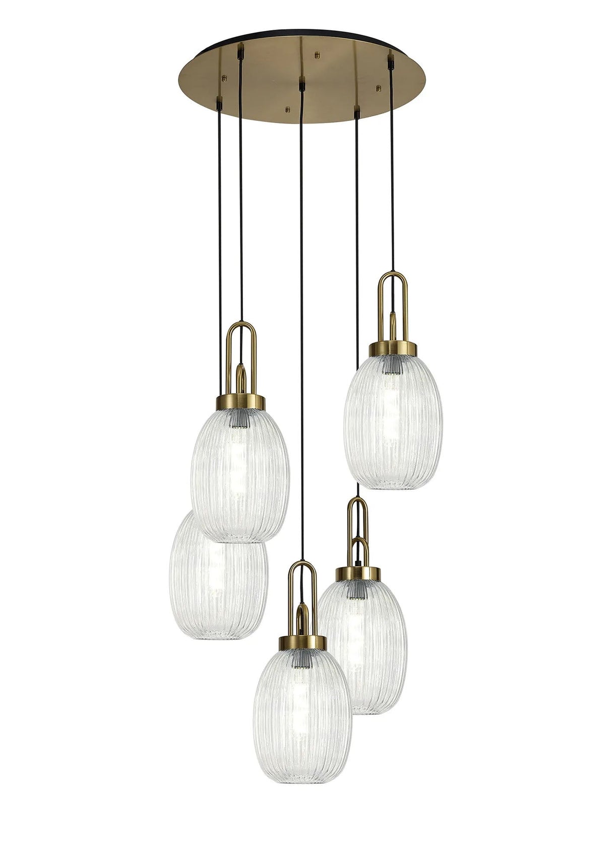 Allardyce Round 5 Light Pendant With 20cm Almond Ribbed Glass, Brass Gold/Matt Black Clear