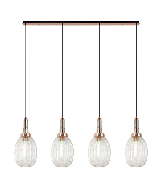 Allardyce Linear 4 Light Pendant With 20cm Almond Ribbed Glass, Copper/Matt Black Clear