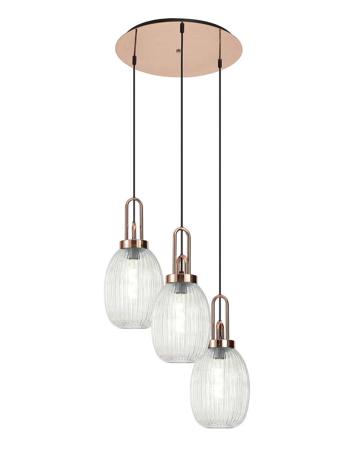 Allardyce Round 3 Light Pendant With 20cm Almond Ribbed Glass, Copper/Matt Black Clear