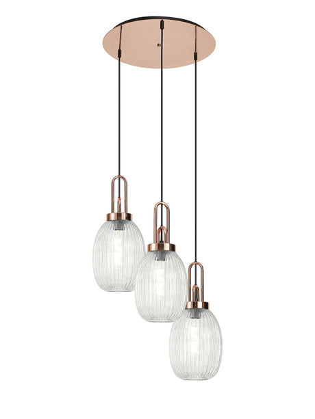 Allardyce Round 3 Light Pendant With 20cm Almond Ribbed Glass, Copper/Matt Black Clear