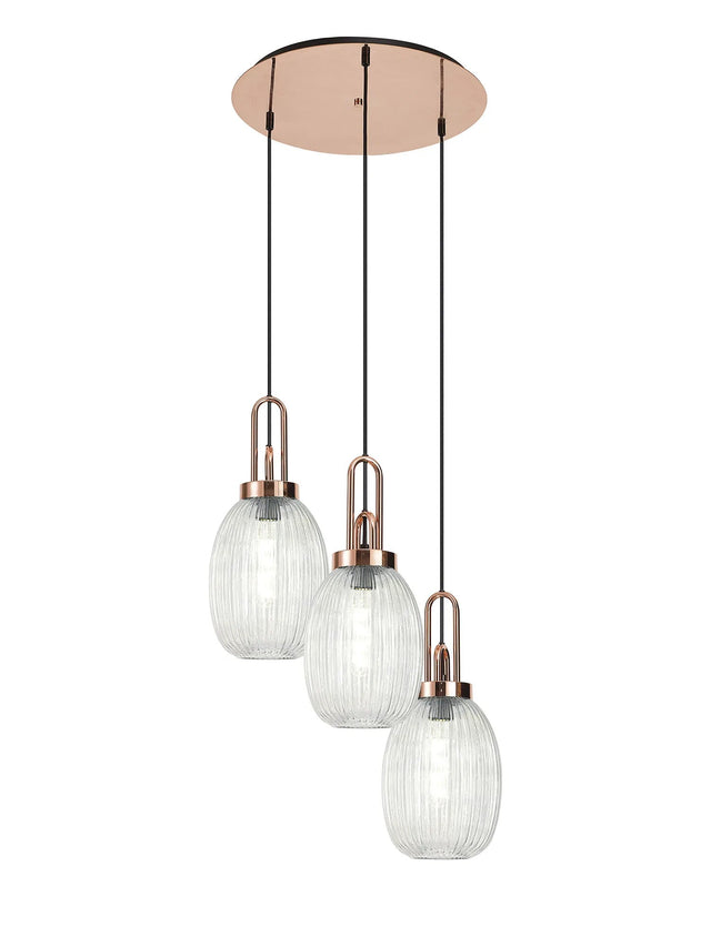 Allardyce Round 3 Light Pendant With 20cm Almond Ribbed Glass, Copper/Matt Black Clear