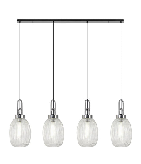 Allardyce Linear 4 Light Pendant With 20cm Almond Ribbed Glass, Polished Nickel/Matt Black Clear