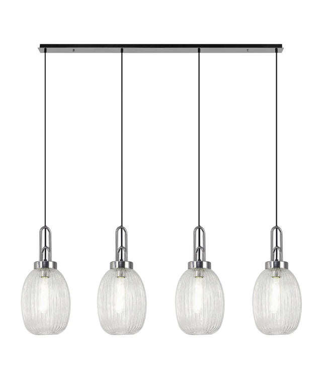 Allardyce Linear 4 Light Pendant With 20cm Almond Ribbed Glass, Polished Nickel/Matt Black Clear